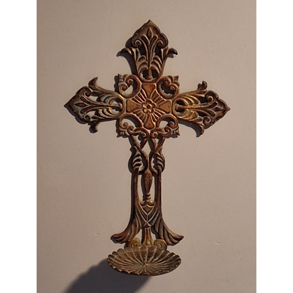Vintage Style Ornate Metal Wall Cross Candle Holder Rustic Gold Verdigris 21in